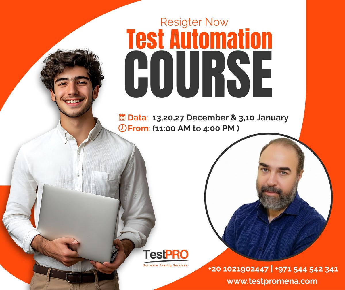 testproeg's tweet image. Boost Your Testing Career with Test Automation – Selenium with JAVA

 13, 20, 27 Dec &amp;amp; 3, 10 Jan
11:00 AM – 4:00 PM
 Mahmoud Ibrahim

testproeg.com/register-now/

+20 102 190 2447 / +971 544 542 341
 testpromena.com

#TestAutomation  #SoftwareTesting #TestPRO
