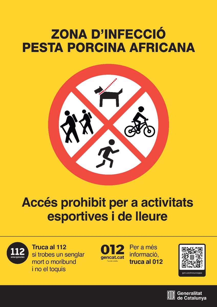 🐗👮🏻🔉BROT DE PESTA PORCINA

⚠Restringit l’accés al medi natural.

⛔Queden prohibides activitats com caminar, córrer, anar en bicicleta o qualsevol altra a camins, zones boscoses i rurals.

👀Respecteu la cartelleria i les cintes que abalisen camins i accessos.