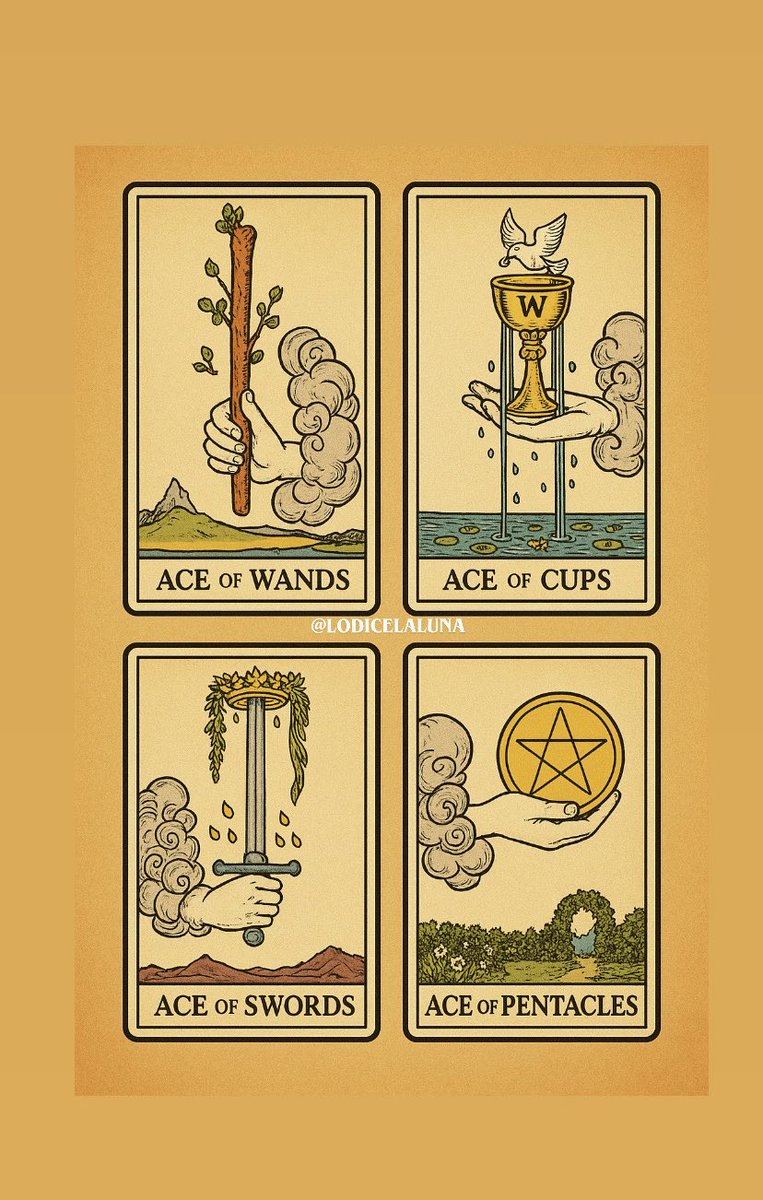 Lodicelaluna's tweet image. ✨ Este domingo les regalo la energía sagrada de los 4 Ases del Tarot Rider ✨
Cada uno abre un nuevo inicio. Y hoy, 7/12/2025, es energía universal 1: día de comienzos.
Por eso estos Ases llegan justo hoy. ✨
¡Dale RT para que esta bendición llegue a más personas! 🍀