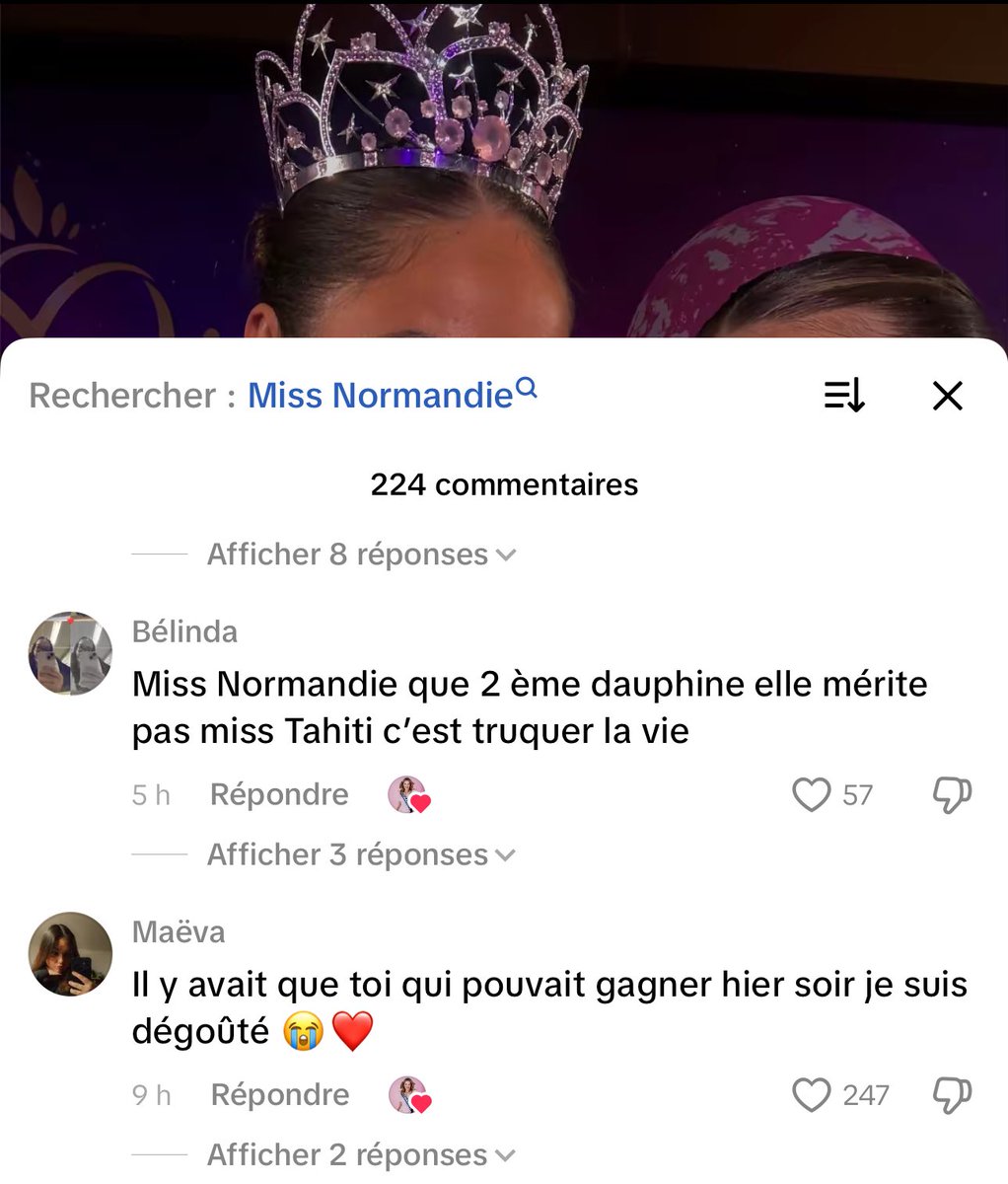Elle est à l’aise Miss Normandie, elle prend un selfie avec Tahiti qui la lave 1000 fois et elle like les coms qui disent qu’elle mérite pas cette garce #MissFrance2026