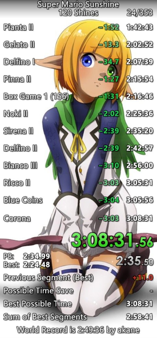 3:08 in 120 shines!
Skipped 3:10 and 3:09
Missed travel skip, died in gelato 1 and lost 1 minute 21 seconds in gelato 100 because the cash register coins despawned and I had to get every cataquack 💀
Still very proud that I could bring it back and happy with this time for now.