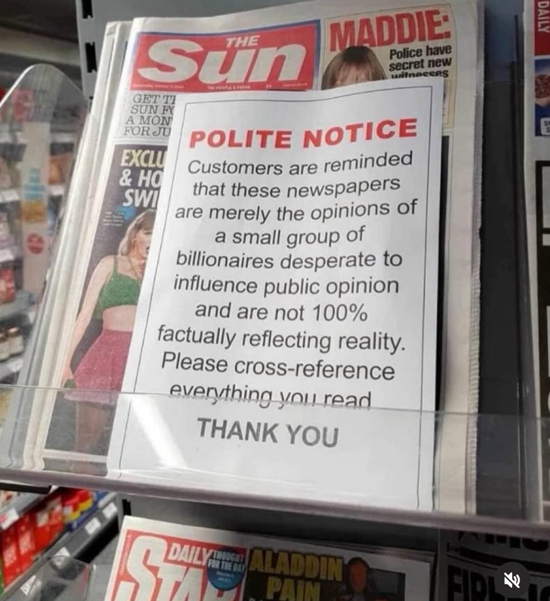 Whoever put this sign on London tabloid rag sheets gets a 🖖 from me. 

F**k the billionaires.