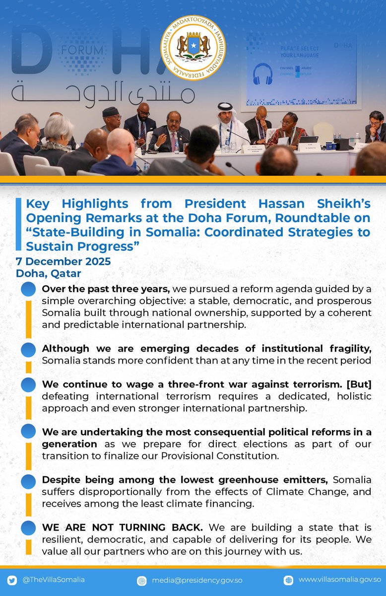 Key highlights from H.E. <a href="/HassanSMohamud/">Hassan Sheikh Mohamud</a>’s opening remarks at the high-level roundtable on “State-Building in Somalia: Coordinated Strategies to Sustain Progress” during the Doha Forum 2025.