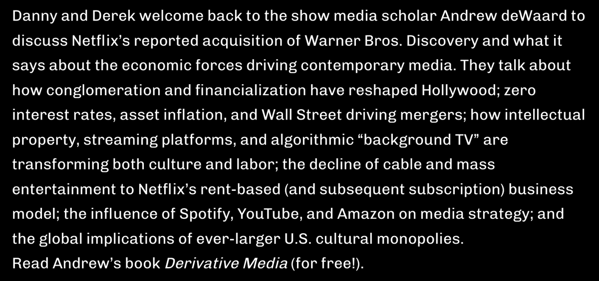 AmPrestigePod's tweet photo. Bonus - The Life and Death of Hollywood w/ @dewaard 

Andrew deWaard is back on the show, this time to talk about the acquisition of Warner Bros. Discovery and its implications.

Link in the replies! https://t.co/HRdIAZPWeq