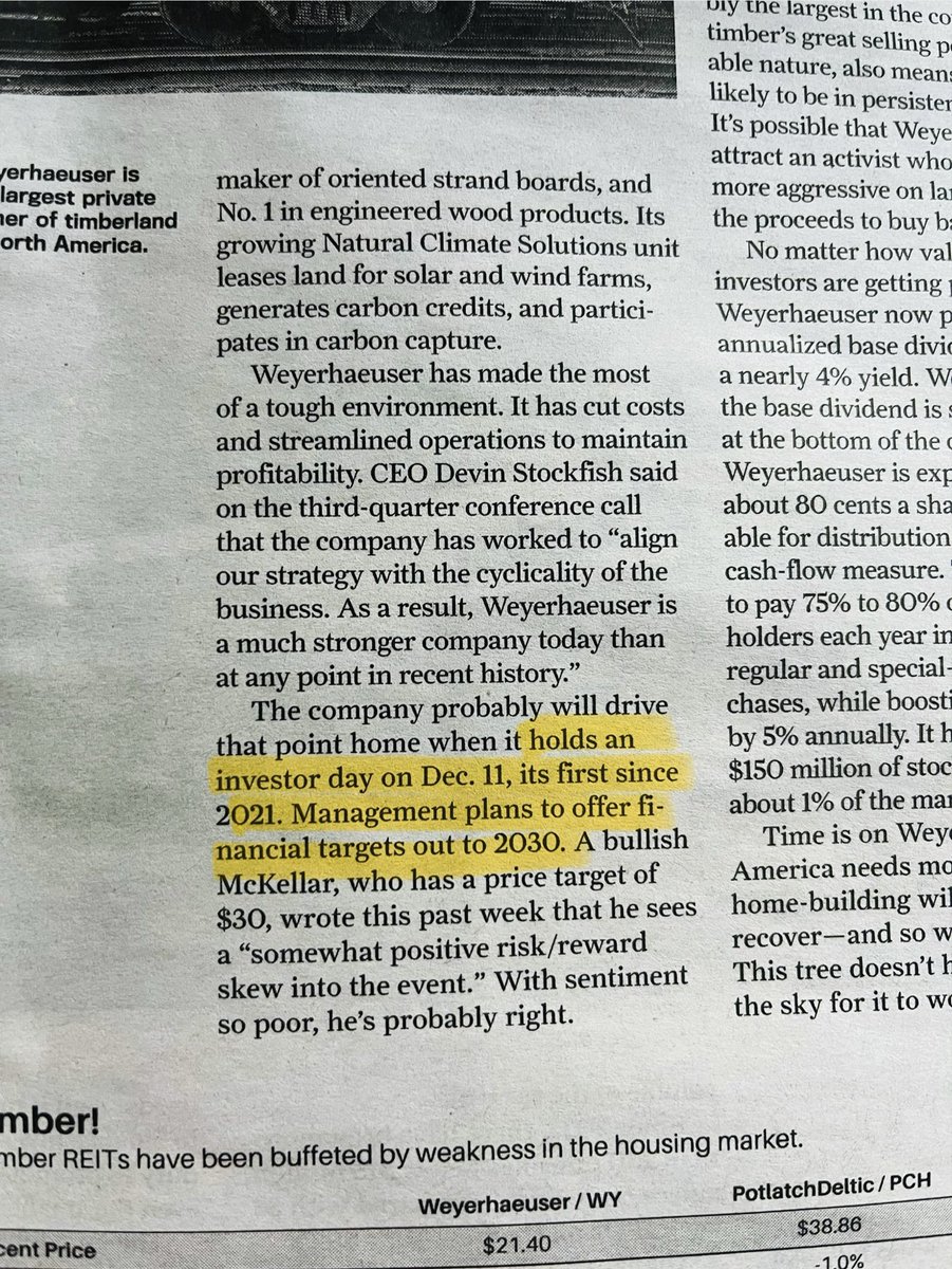 $WY hosting first investor day in ~4 years and giving financial targets to 2030…

May have to take a look