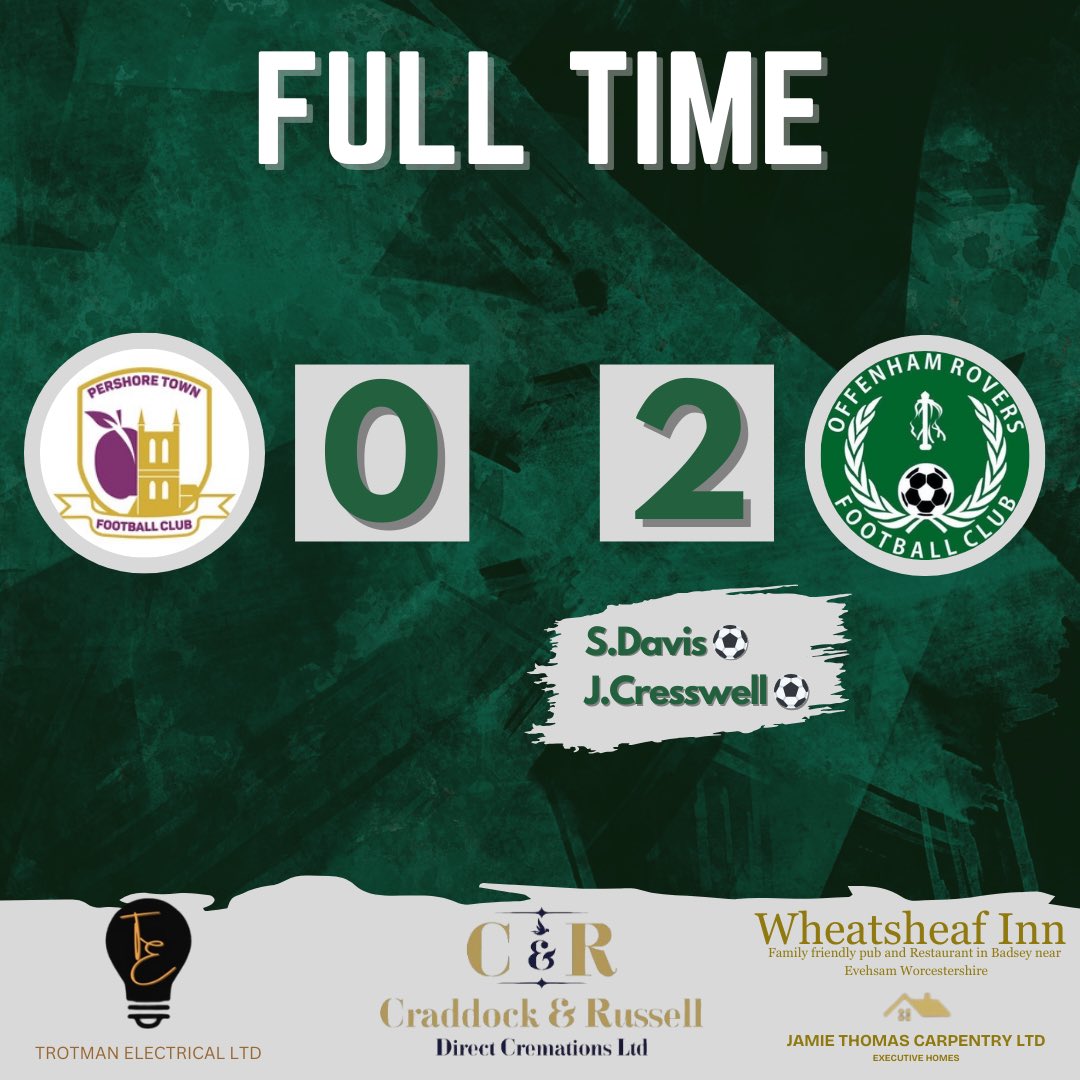 𝐅𝐮𝐥𝐥 𝐭𝐢𝐦𝐞

Pershore 0 - 2 Offenham

Controlled footballing display from the Rovers in tricky conditions.

Both goals coming from headed efforts, Stu and Crez score again!

Next week we host Mickleton in our final game before the Christmas break.

UTR💚🖤