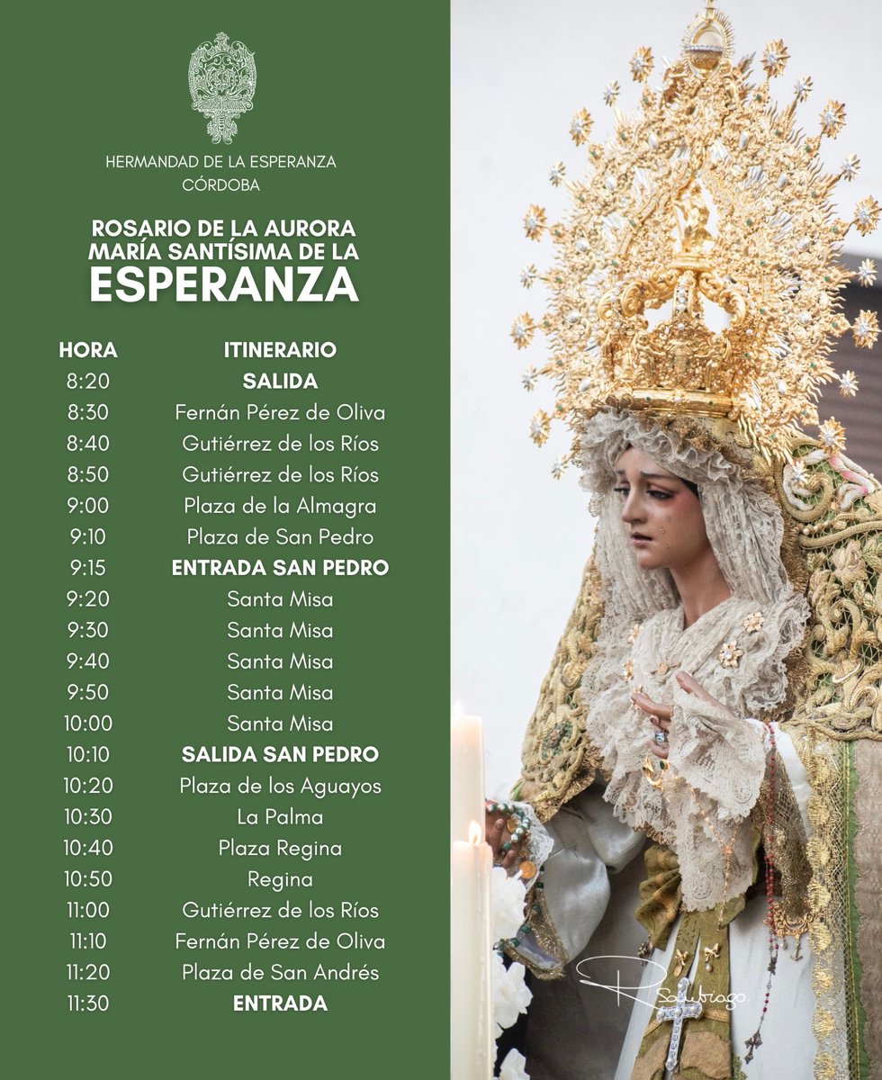 EsperanzaHdad's tweet photo. CULTOS | Horario e itinerario del Solemne Rosario de la Aurora de María Santísima de la Esperanza. https://t.co/QL2PavLQMs