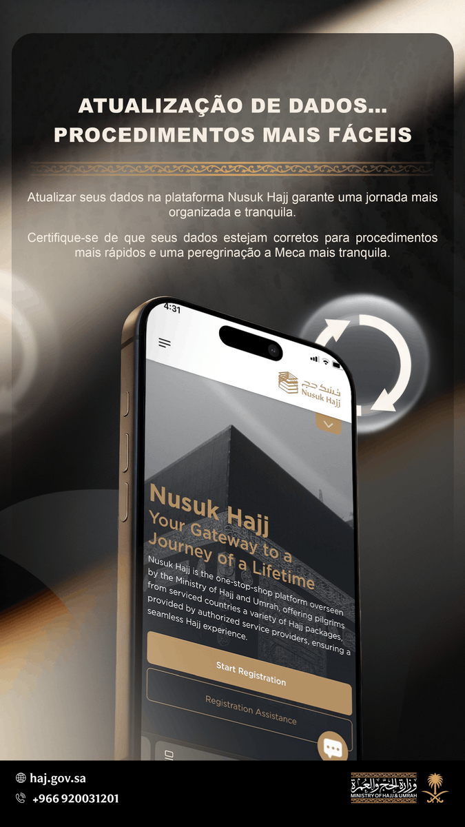 Atualize suas informações na plataforma Nusk Hajj para garantir um processo de inscrição tranquilo e uma experiência conveniente. Nusk Hajj: Sua porta de entrada para a jornada de uma vida. hajj.nusuk.sa