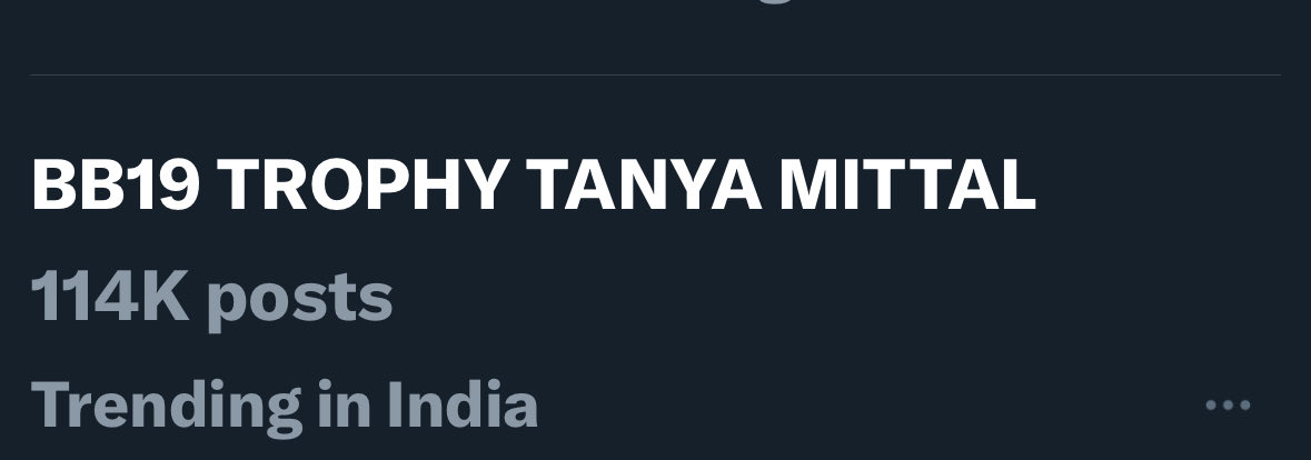 SatyavadiLadki's tweet photo. Congratulations Tanya fans you  are trending with 114K trend in India 

BB19 TROPHY TANYA MITTAL 

#TanyaMittal #BiggBoss19 https://t.co/FgztmmJr49