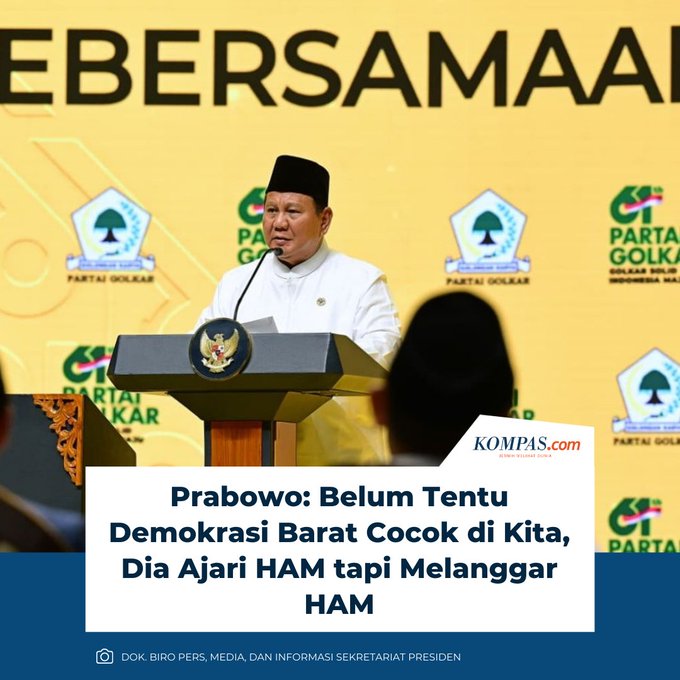 __AnakKolong's tweet photo. I N V E R S I 

"Paradigma baru politik kita sekarang harus politik yang khas Indonesia. Kita tidak bisa ikut politik-politik negara lain, belum tentu demokrasi di Barat cocok sama kita"
_____________

Ironinya yg bicara adalah ;

Danjen Kopassus ke - 15 ( 1995 - 1998)
Mayjen TNI Prabowo Subianto;

yg "jejak darah" sepatu lars di masa lalunya, sering hilang dari 'curriculum vitae negara, tiba² ingin mengajari bangsa ini ttg paradigma politik khas Indonesia.
_____________

Mungkin politik khas Indonesia versinya adalah; 

politik di mana kebenaran harus dibungkam, sementara yg pintar memanipulasi sejarah & piawai menghapus jejak darah, bisa bebas masuk lewat pintu VIP & berjalan di atas karpet biru.

HAM bukan jadi standar moral, tp sekadar alat ukur posisi tawar.

Semakin besar dugaan pelanggarannya, semakin besar mendapat peluang duduk di kursi kekuasaan.
_____________

Pun, ketika ia menuduh negara lain, mengajarkan HAM, tapi melanggar HAM, itu seperti ;  

pencatat presensi, yg menuduh orang lain sering absen/ bolos, padahal dia sendiri yg dulu membuat banyak nama hilang dari daftar kehadiran.
_________

Drs. Ir. Joko 'Whoosh Widodo, penganut mazhab politik kebalikan.

Apa yg diucapkan, selalu bermakna sebaliknya.

Sedangkan Presiden Prabowo penganut mazhab politik proyeksi.

Apa yg dituduhkan kepada pihak lain, adalah jejak yg ada di bawah sepatu bot - nya sendiri.
.
.