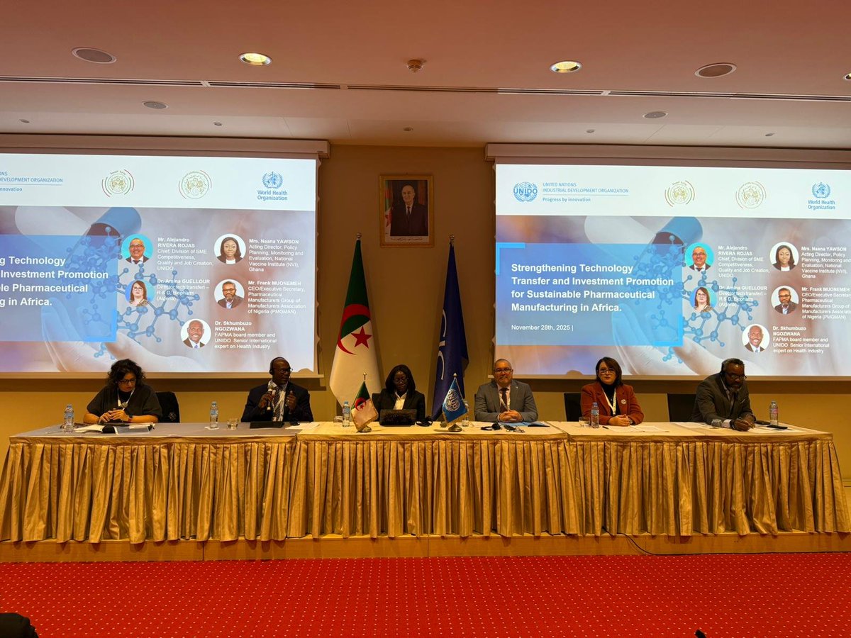 On the sidelines of the African Ministerial Conference on Local Production of medicines in Algiers 2025. I joined other stakeholders <a href="/UNIDO/">UNIDO</a> fireside session on Strengthening Tech Transfer. Great insights on what we can achieve through tech enabled enviroment &amp; trade negotiations.