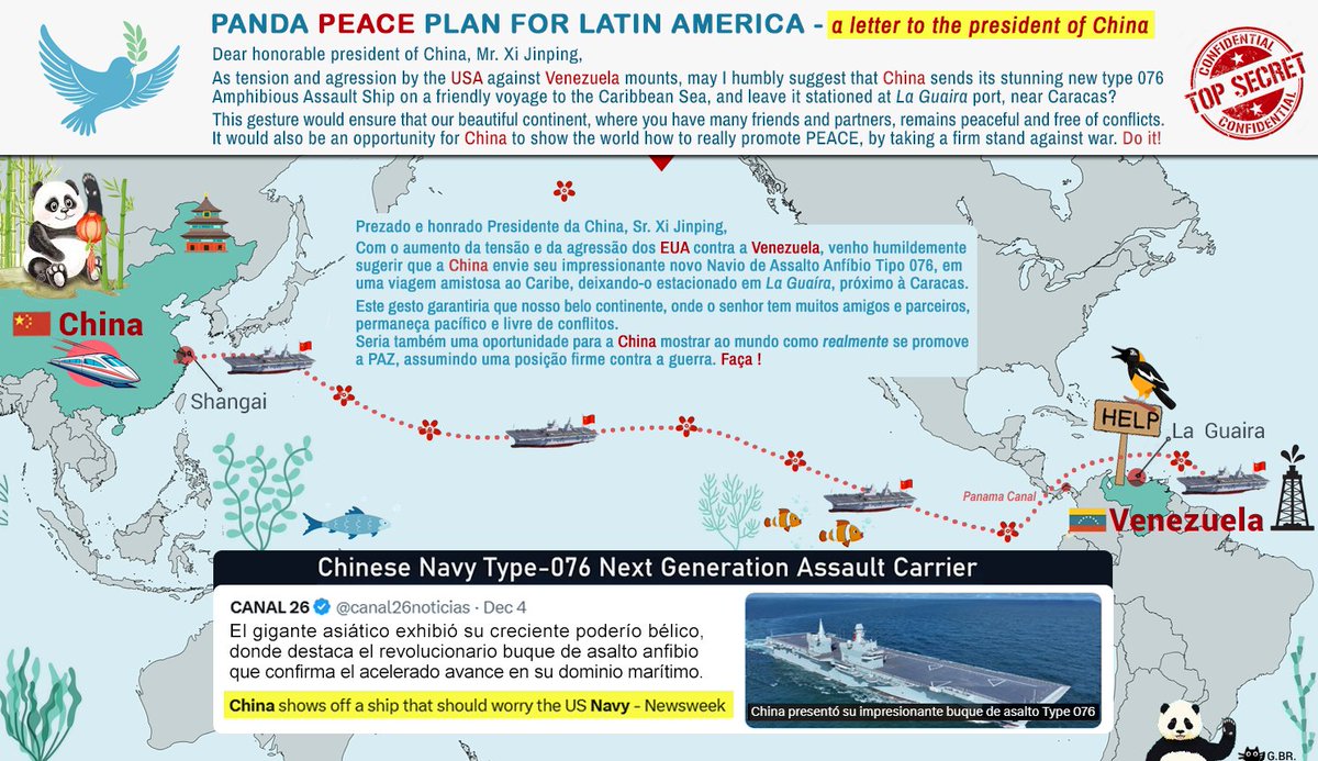 This China Panda Plan 🌸 could halt US agression against Venezuela:
Dear chinese Gov officials, can you please forward my suggestion to the honourable Xi Jinping?
I think I've got a cunning plan..😉👇
(cc <a href="/zlj517/">Lijian Zhao 赵立坚</a>, <a href="/MFA_China/">CHINA MFA Spokesperson 中国外交部发言人</a>, <a href="/SpokespersonCHN/">Hua Chunying 华春莹</a> 
EUA vs Venezuela: meu Plano Panda 🐼