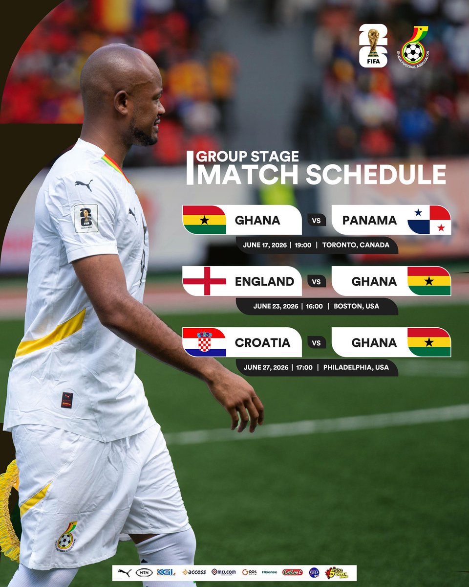 RedHotSingle_'s tweet photo. 🗺️ Our 2026 FIFA World Cup journey is officially mapped out! 🏆
📍 We face Panama in Toronto (June 17), England in Boston (June 23) and Croatia in Philadelphia (June 27) 🇨🇦🇺🇸
3️⃣ big battles ahead! 🇬🇭🔥
#BlackStars | #FIFAWorldCup
#RedHotSingle https://t.co/fyakj2VTMA