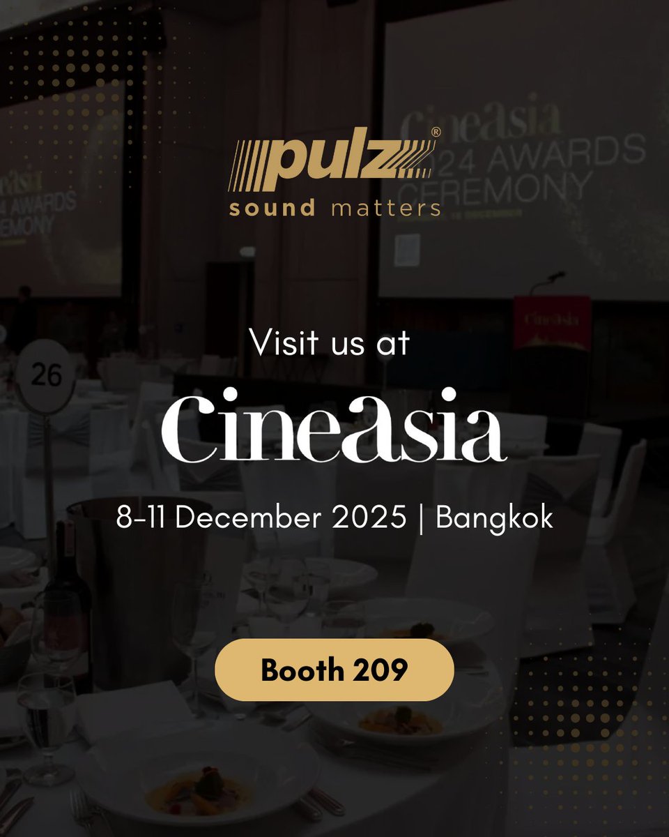 PulzElectronics's tweet image. Pulz is participating at CineAsia 2025 in Bangkok. We invite you to visit us at Booth 209.

#pulz #pulzaudio #pulzelectronics #cineasia #cineasia2025 #bangkok #truelconhall