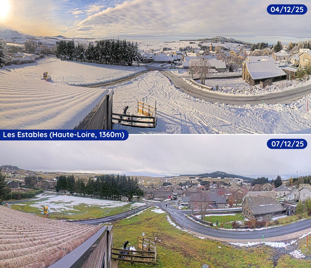 🌡️ Avec le puissant redoux, la neige fond très vite en moyenne montagne. Aux Estables en Haute-Loire, le manteau blanc présent il y a 3 jours a quasiment disparu. On est passé de -7°C jeudi matin à +7°C dimanche après-midi. 📈 (via <a href="/skaping/">Skaping - Webcams touristiques 360°</a>)