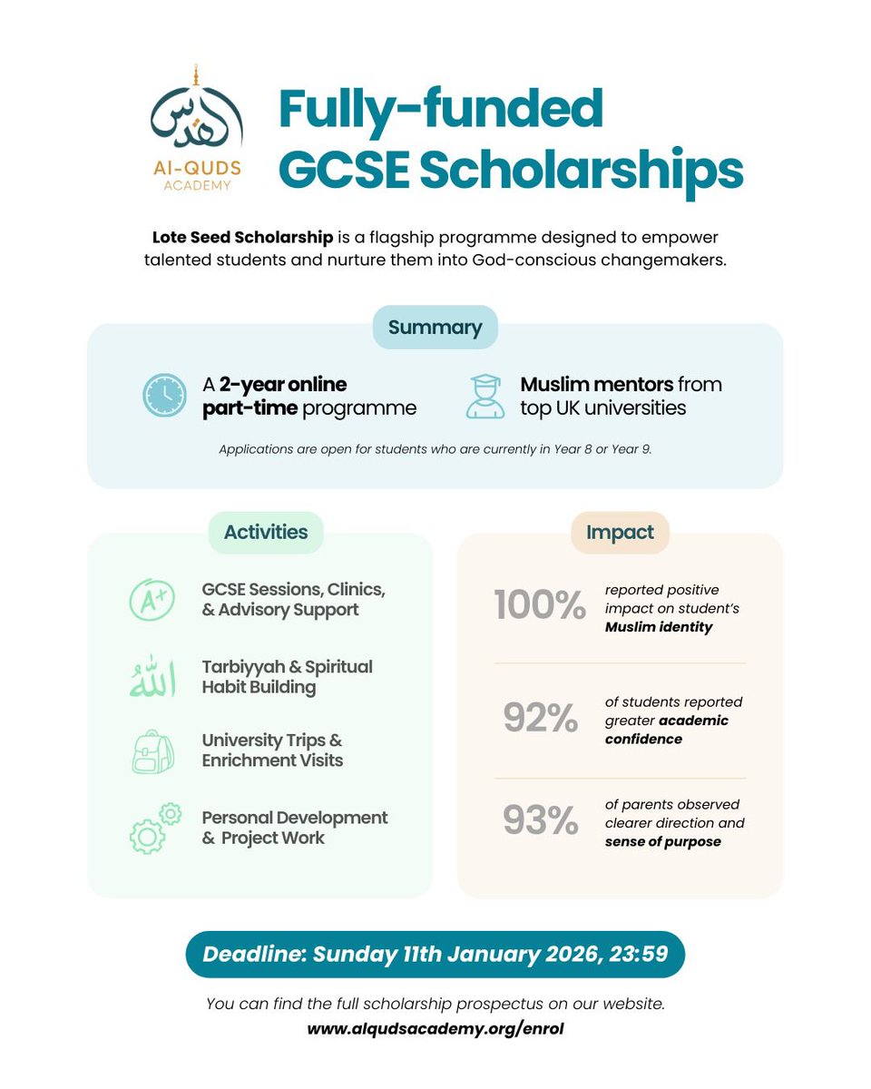 MusResearchersN's tweet image. 📣 Fully Funded GCSE Support &amp;amp; Muslim Mentorship at Al-Quds Academy

Applications are open for the second cohort of the Lote Seed Junior Scholarship, for current Year 8 &amp;amp; 9 students. 

Apply now and visit for more details: alqudsacademy.org/enrol

Deadline: 11th January 2026