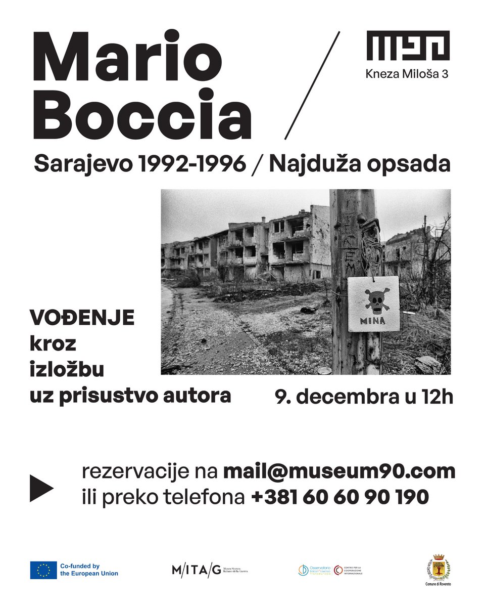 Vođenje kroz izložbu „Sarajevo 1992-1996/ Najduža opsada” sa italijanskim fotoreporterom Mariom Bočom!

Vođenje će biti na engleskom jeziku.
Broj mesta je ograničen! 

🎟️Ulaz je besplatan
📩Rezervacije: mail@museum90.com