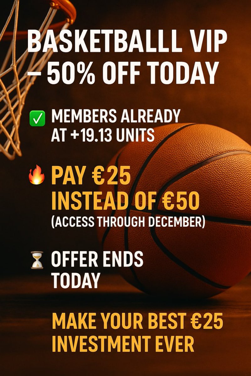 Tipstertbet's tweet photo. 🎯 Basketball VIP – 50% OFF TODAY
💰 Members already at +19.13 units
🔥 Pay €25 instead of €50 (access through December)
⏳ Offer ends TODAY
➡️ Make your best €25 investment ever.

Get access —> https://t.co/9NBtHUB4vU https://t.co/pcukAD0Rma