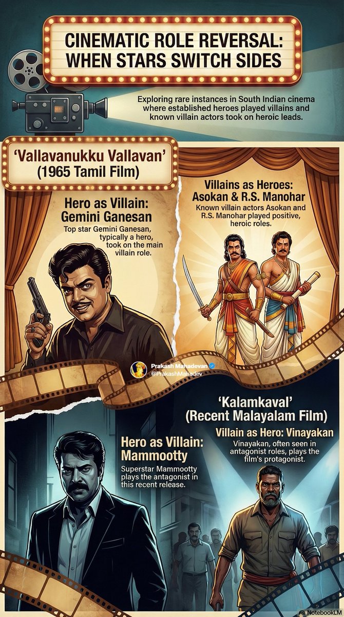 PrakashMahadev's tweet image. #ReelFacts - Cinema Trivia -1

வழக்கமான ஸ்டார் ஹீரோ வில்லனாகவும் ...வில்லனாவே நடிச்சிட்டு இருக்க வில்லன் நடிகர் ஹீரோவாகவும் நடிக்கிறதுங்கிறது ரொம்ப அபூர்வமான ஒரு விஷயம் 

இப்ப மம்முட்டி வில்லனாவும் விநாயகன் ஹீரோவாகவும் #KalamKaval ரிலீஸ் ஆயிருக்கு 

இதே மாதிரி தமிழ் சினிமால