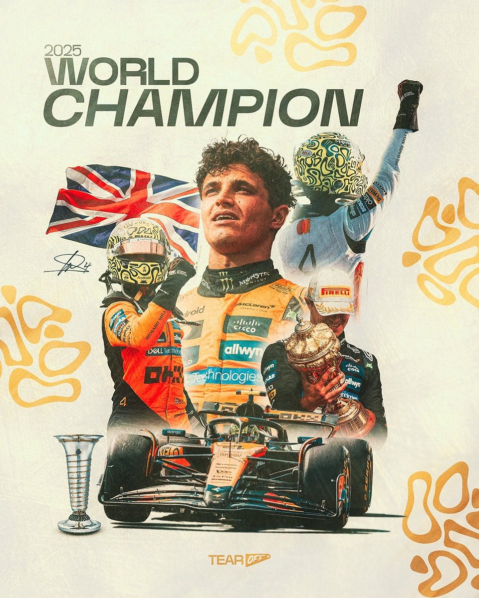 TearOffFR's tweet image. 🚨 LANDO NORRIS, CHAMPION DU MONDE 2025 DE FORMULE 1 ! 🏆

Le Britannique remporte son premier titre de champion du monde dans la catégorie reine 🇬🇧

17 ans après, il succède à Lewis Hamilton en tant que champion pilote pour McLaren lors de la saison 2008.

#F1 #AbuDhabiGP