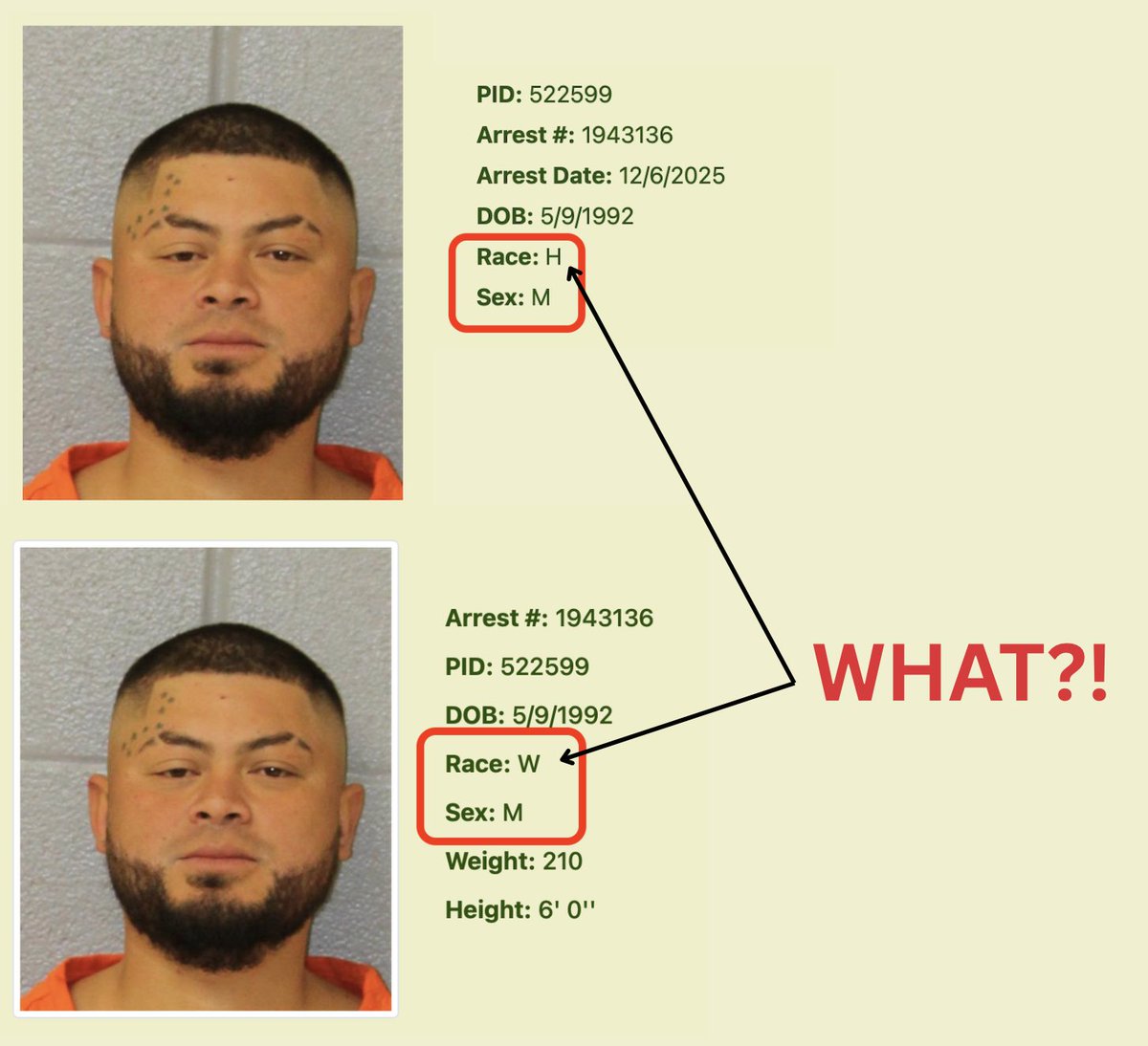 I am open to ALL reasonable explanations of what is going on here...

But it looks like the arrest documents for the illegal immigrant, Oscar Solarzano. who stabbed a man on the Light Rail in Charlotte NC...

...originally listed him as H (Hispanic), then changed it to W (White)