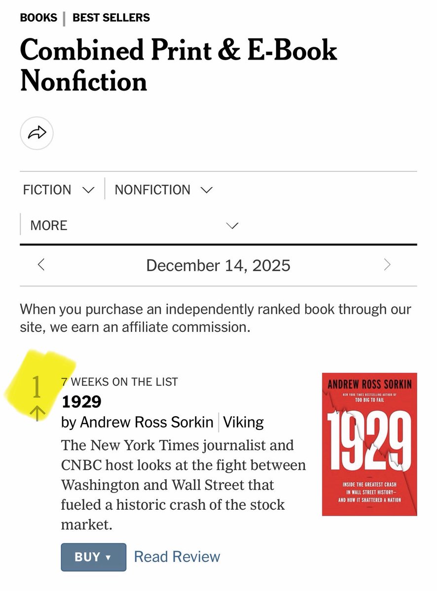 andrewrsorkin's tweet image. #1 on The New York Times Bestseller list. I’m speechless. Thank you for reading and for believing that history still matters. 🙏