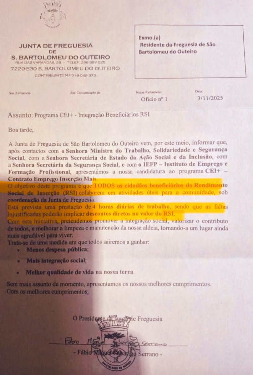 Tenho de dar os parabéns a este presidente da junta do PS!
Vai pôr a malta do RSI a trabalhar!
Muito bem!