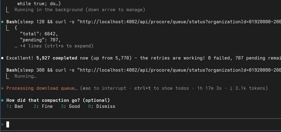 codevibesmatter's tweet image. opus casually monitoring a massive sync operation for over an hour...