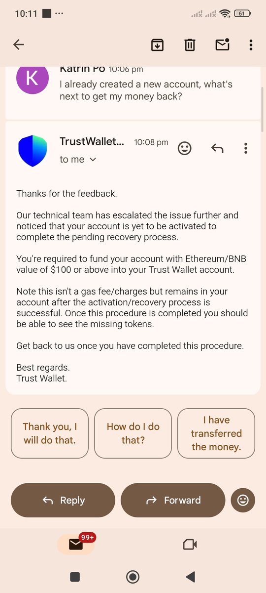katrin_po90286's tweet image. What the heck 😭 I already lost my funds ,now I have to fund 100$ to my account to get my money back 😡😭😡 . now i know trustwallet is not trusted.period #trustwallet #scammer  #nottrusted