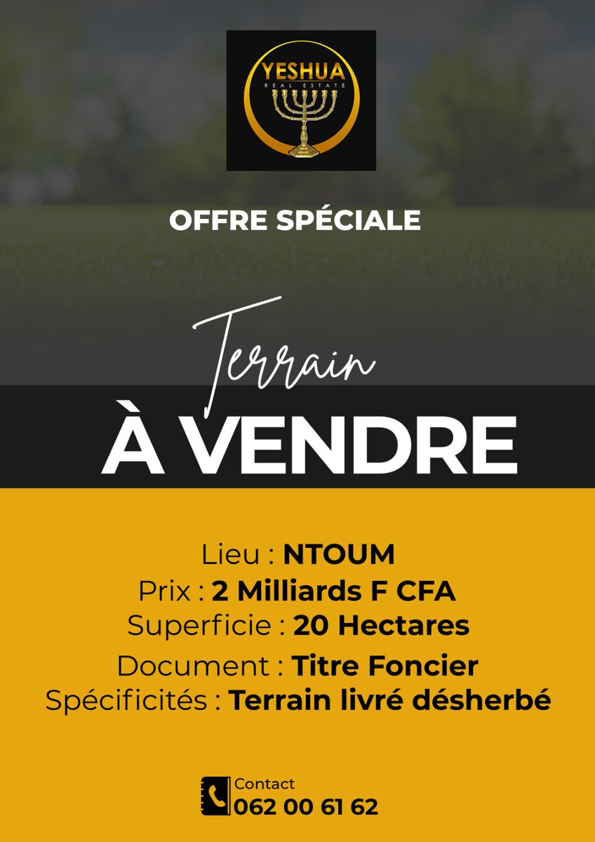 NTOUM 
2 milliards FCFA 
20 hectares 
TF
Bon pour grandes entreprises, institutions,  investisseurs, promoteurs immobiliers, projets structurants etc.
#immobilier Haut Standing 
#immobilier de Luxe
#immobilier sur mesure
#immobilier "Haute Couture"
Nous democratisons le Luxe