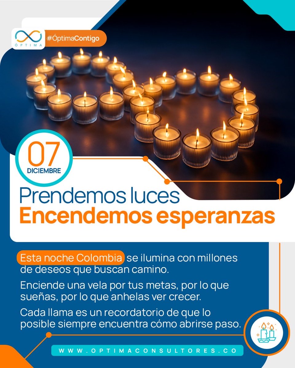 Optima_Consult's tweet photo. Esta noche el país entero se convierte en constelación ✨🕯️ Millones de llamas, millones de deseos. Que tus velitas iluminen el camino hacia todo lo que anhelas. Feliz Día de las Velitas 🇨🇴💛 #DíaDeLasVelitas #Colombia https://t.co/EQEOzqKZP4