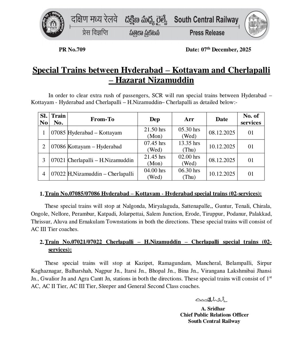 Special Trains between Hyderabad – Kottayam and Cherlapalli – Hazarat Nizamuddin

<a href="/drmsecunderabad/">DRM Secunderabad</a> <a href="/drmhyb/">DRM HYB</a> @drmg