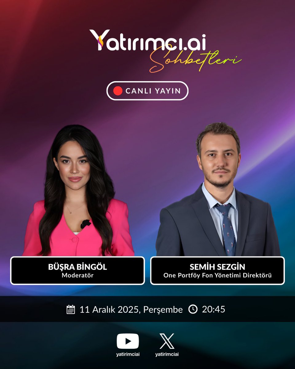 Yatirimci.AI Sohbetleri’nde bu hafta da dopdolu bir yayın programıyla karşınızdayız.

🗓️ 8 Aralık Pazartesi – 20:00
Sertaç Ekeke (<a href="/SertacEkeke/">Sertaç Ekeke</a>)
Marbaş Menkul GMY

🗓️ 9 Aralık Salı – 20:45
Özgür Çandır (<a href="/Ozgurcandir2012/">ÖZGÜR ÇANDIR</a>)
Stratejist

🗓️ 11 Aralık Perşembe – 20:45
Semih