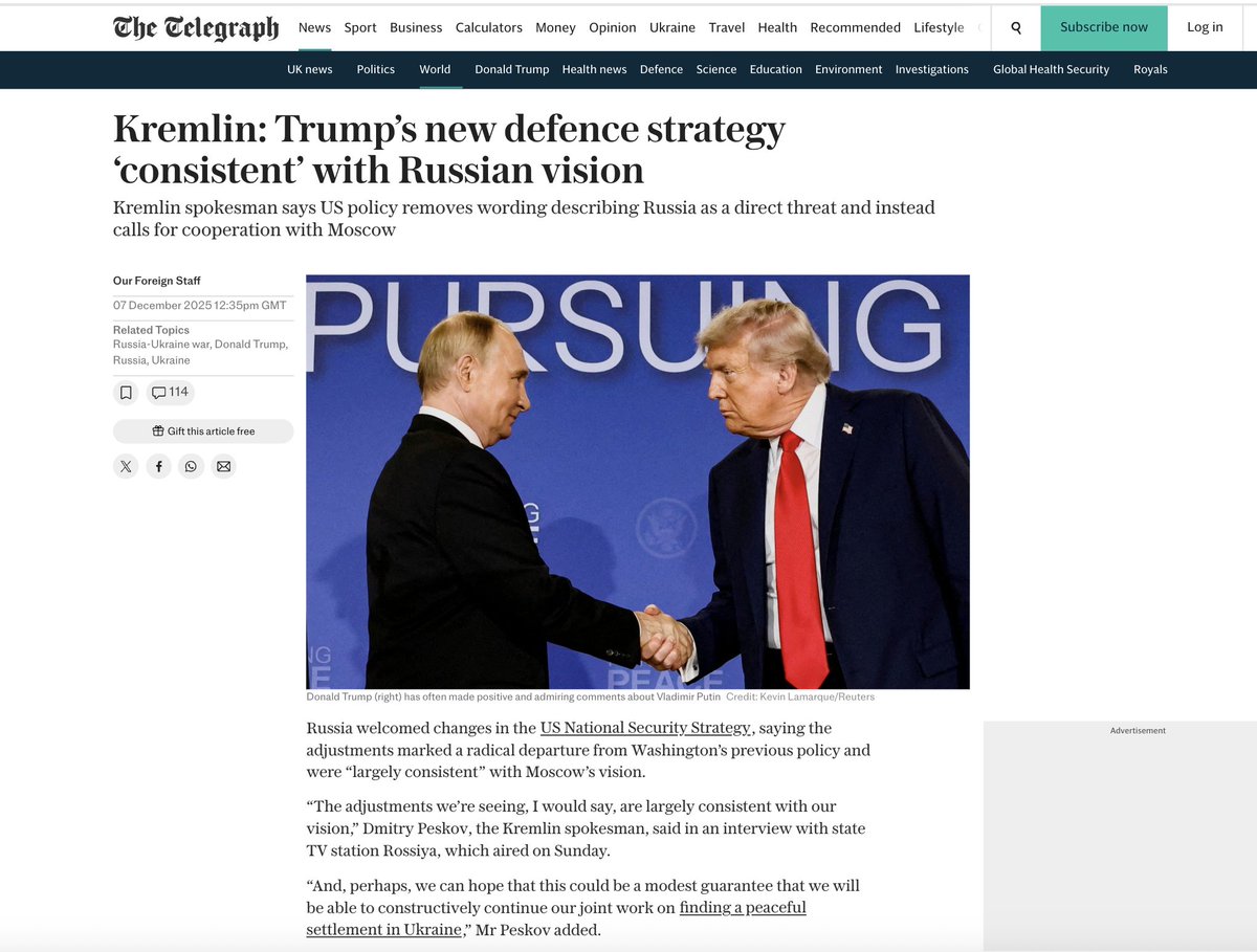 Colon_David's tweet image. Le porte-parole du Kremlin, Dmitri Peskov, déclare à propos de la nouvelle Doctrine de sécurité nationale américaine : « Les ajustements que nous observons sont largement conformes à notre vision »...