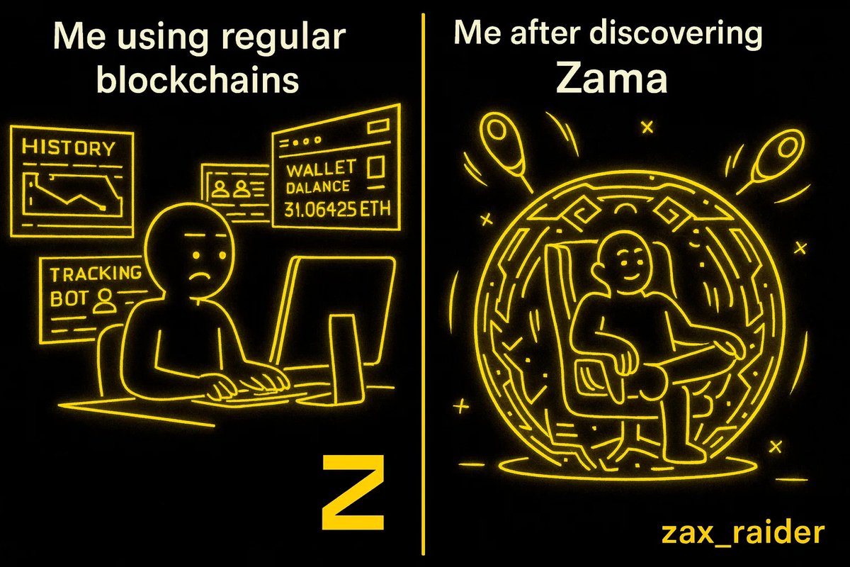 zax_raider's tweet photo. gZama #meme - 4
The first time you use encrypted rails, you realize how exposed everything was.
Public blockchains: “I know everything about you.”
@zama: “Relax. They don’t need to.”
#ZamaCreatorProgram