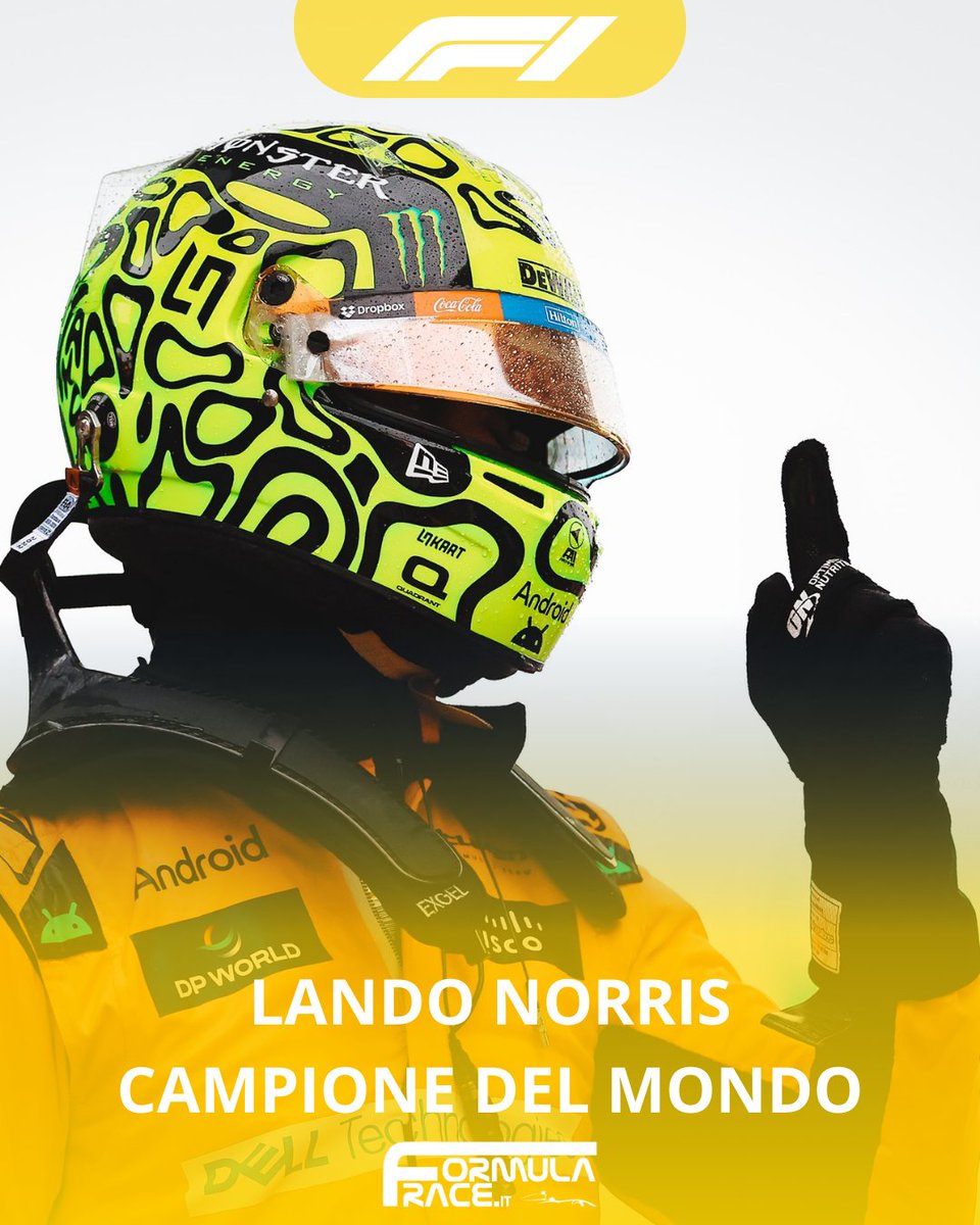 FormulaRaceIT's tweet photo. 🏎🏆 NORRIS CAMPIONE DEL MONDO

Conquistando il podio con la terza posizione nel Gran Premio di Abu Dhabi, Lando Norris, con la McLaren, diventa Campione del Mondo di Formula 1 2025 per la prima volta in carriera!

#AbuDhabiGP #Norris #F1 #Formula1 https://t.co/XKhiT0Myzd