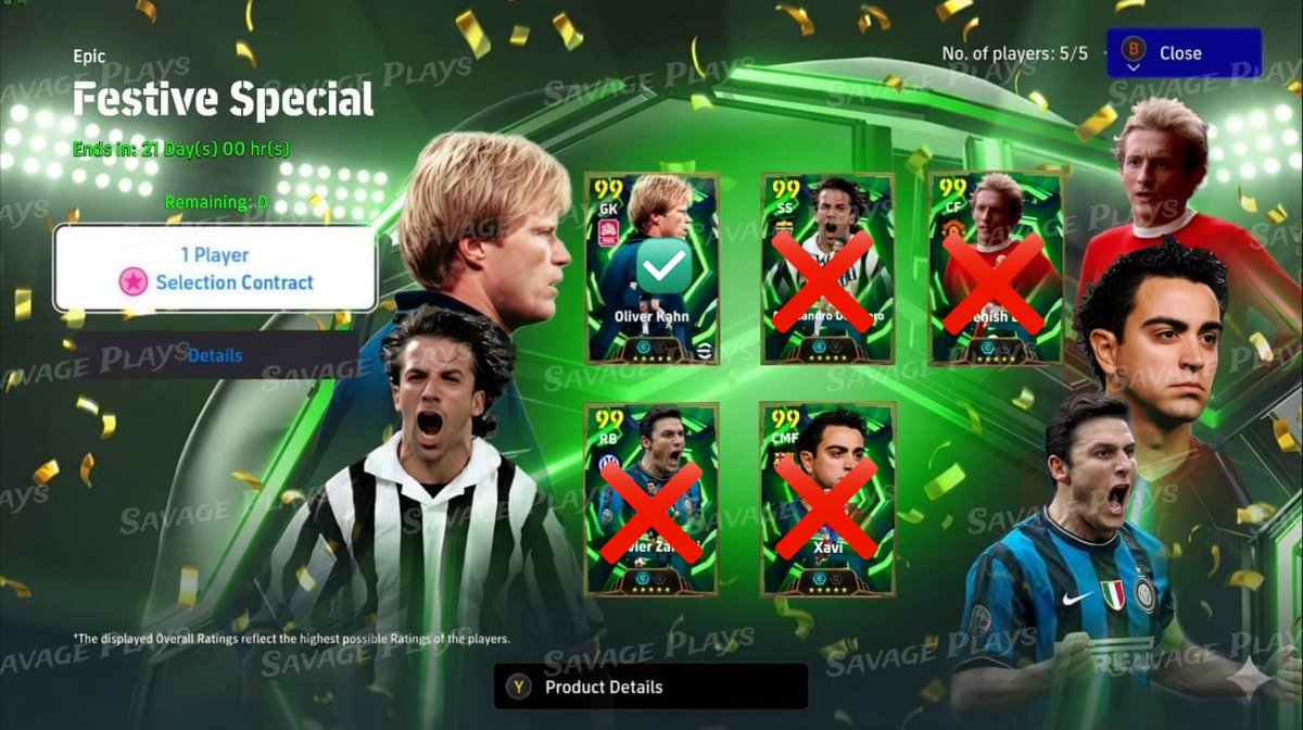 SageUpdate's tweet image. *FESTIVE SEASON CAMPAIGN⏳🧑‍🎄*
Event period: December 18th - January 15th

1 SELECTION CONTRACT 🎁✅

- Oliver kahn✅
-  ⏳
-  ⏳
-  ⏳
-  ⏳

Only One Player Confirmed so far which is Oliver Kahn. Which other players do you think Konami will add? 🤔
#eFootball