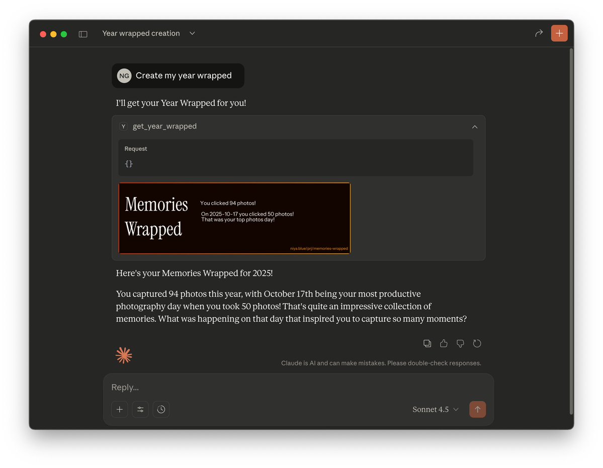 niyabits's tweet image. just created an MCP server to get some silly stats from your Apple Photos library about last year ✨

link in next tweet, would love to add more features, open to PRs and suggestions!