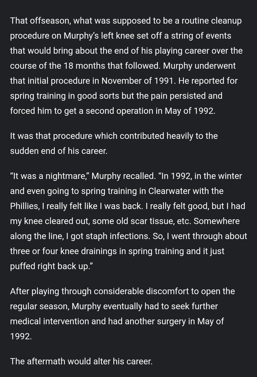 grantmcauley's tweet image. Dale Murphy's dominance gave way to a steep decline in his latter years and a career cut short.

The ability to write the ending he wanted was taken away by a devastating knee injury. It's never been widely discussed, but here is that story.

Read it here:
fromthediamond.com/post/it-is-tim…