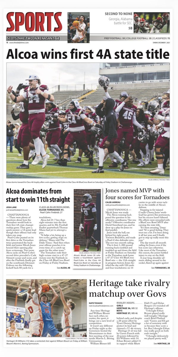 Be sure to check out Sunday’s e-edition of The Daily Times! 

Stories from Alcoa’s 11th straight state title, Heritage and William Blount Basketball and Maryville College hoops’ back-to-back wins from the Renasant Bank Classic! 

<a href="/TDT_Sports/">Daily Times Sports</a> 

🔗: …untcountydailytimes-tn.newsmemory.com