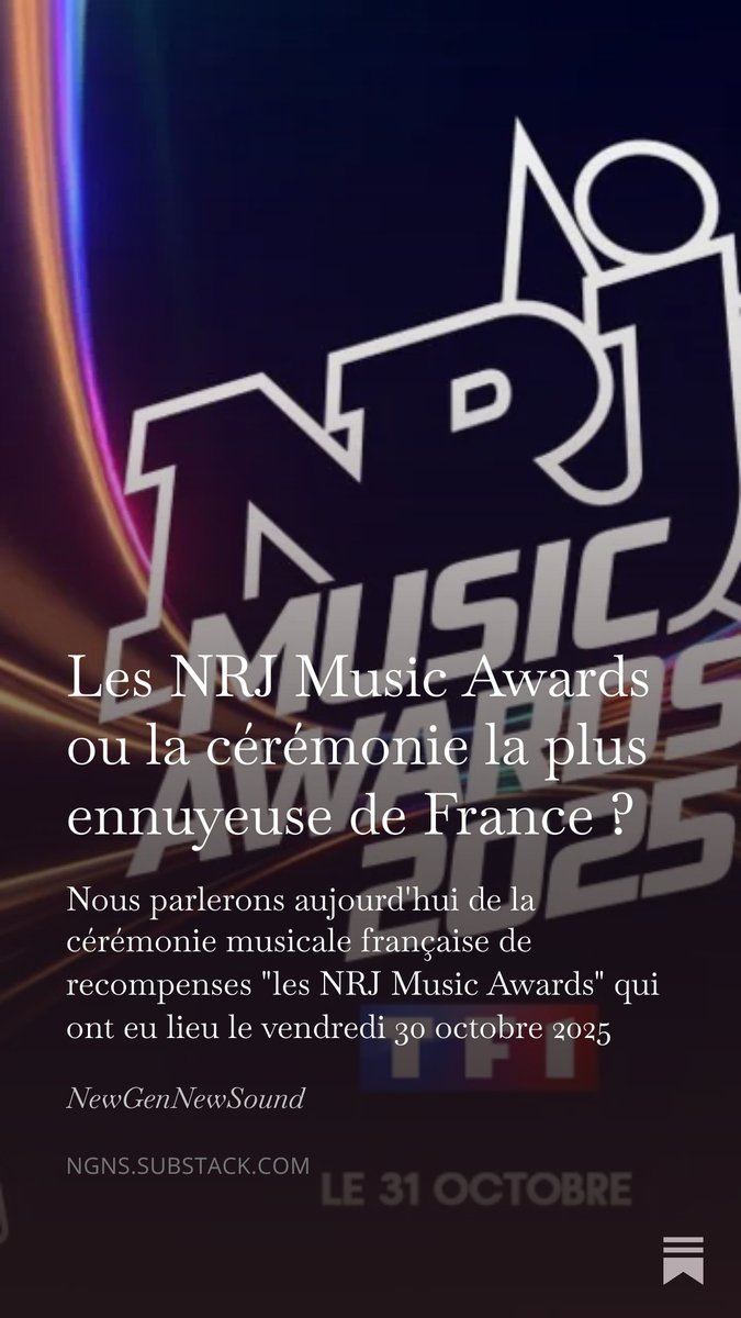 Salut les gars, je viens de publier un nouvel article et cette fois-ci je parle des NRJ Music Awards ! N'hésitez pas à liker, partager et à me donner votre avis ! Je vous invite à soutenir le <a href="/chanel_kokolo/">𝗟𝗲𝗖𝗵𝗮𝗻𝗲𝗹𝗦𝗵𝗼𝘄 🎙️</a> sur YouTube et sur Substack ! #NewGenNewSound

open.substack.com/pub/ngns/p/les…