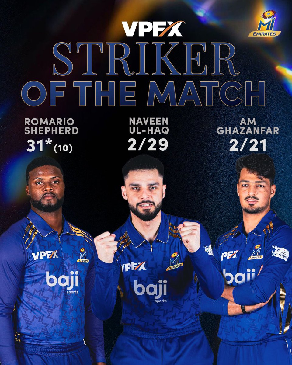 MIEmirates's tweet photo. From finish to breakthroughs to maiden magic, Romario, Naveen &amp; AMG led the way! 🤩💪

Who’s your @vpfx_official Striker of the Match?

#OneFamily #MIEmirates #SWvMIE https://t.co/15zleSSwEE