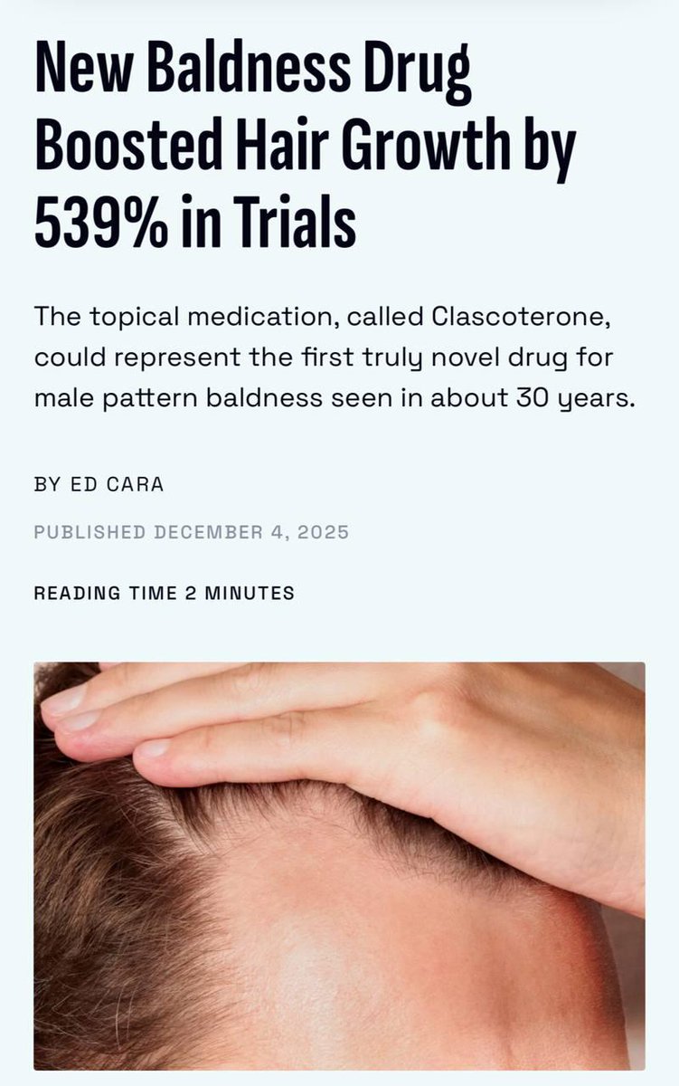 nexta_tv's tweet image. ⚡ Baldness — over! Scientists have created a serum that boosts hair growth by 539% 

The new treatment, called clascoterone, doesn’t require injections or pills — you simply rub it into your scalp. It directly targets the hormones responsible for hair loss✨🧴

This could become…