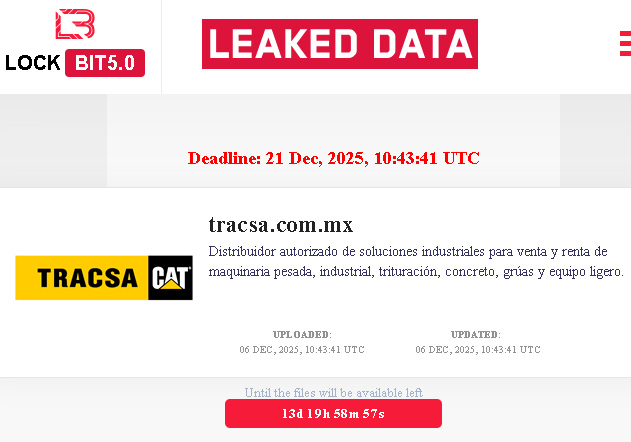 SonoraCiber's tweet photo. 🚧🚨¡CIBERALERTA!🚨🚧 La empresa mexicana
@TracsaCat ha sido listada como víctima del grupo de ransomware #Lockbit5, el plazo para pagar el rescate es el 21 de diciembre o los datos serán liberados.
@ivillasenor
@victor_ruiz
@hiramcoop
@HackersOIHEC https://t.co/nI4kRzGkAx
