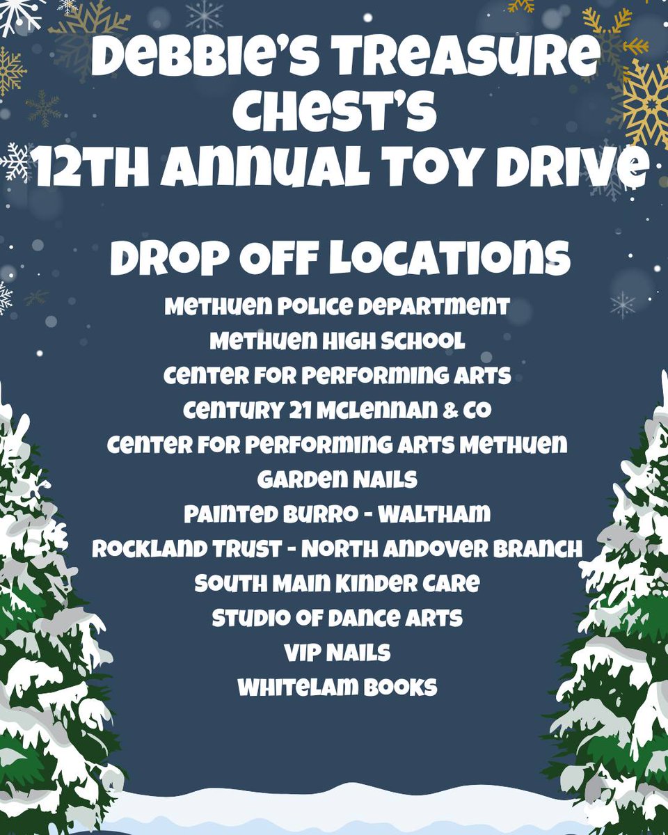 Pease consider donating a new unwrapped toy at the PD or at any of the locations in the photo.

Every donation to the DTC toy drive goes to a local child in the Merrimack Valley.  

Don't have time to shop, you can donate here &amp; they will shop for you: tinyurl.com/2cp8klfu