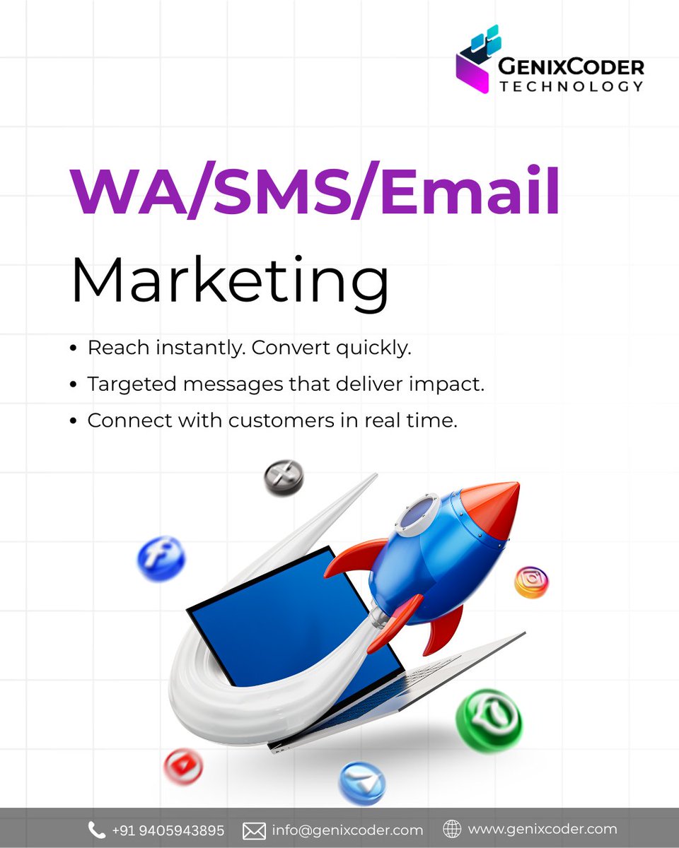 genixcoder's tweet image. 🚀 Boost your business with WA/SMS/Email Marketing!
Reach customers instantly, send targeted messages, and drive real-time conversions.
Grow smarter. Engage faster. Convert more. 💬📈

📞 94059 43895 | 🌐 genixcoder.com

#GenixCoder #WhatsAppMarketing