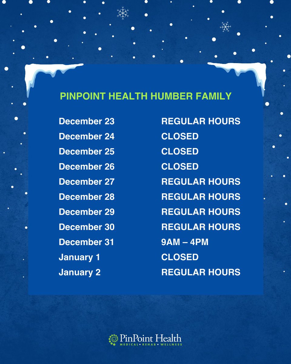 PinPoint_Health's tweet image. (1/4) The holidays are fast approaching. Be sure to check our updated holiday hours before you visit any of our locations, and click the link below to learn more. 

bit.ly/3FQtNDH