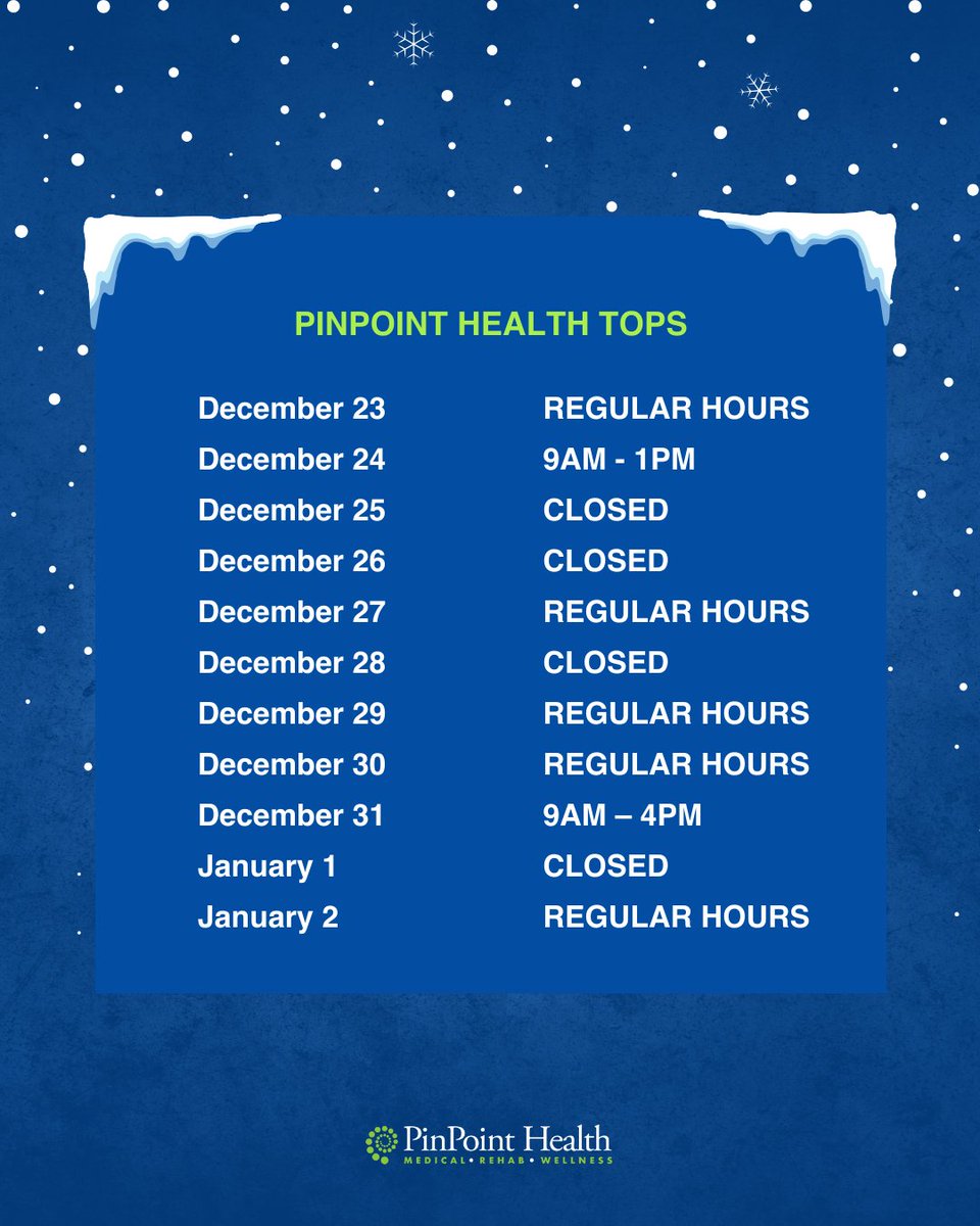 PinPoint_Health's tweet image. (1/4) The holidays are fast approaching. Be sure to check our updated holiday hours before you visit any of our locations, and click the link below to learn more. 

bit.ly/3FQtNDH