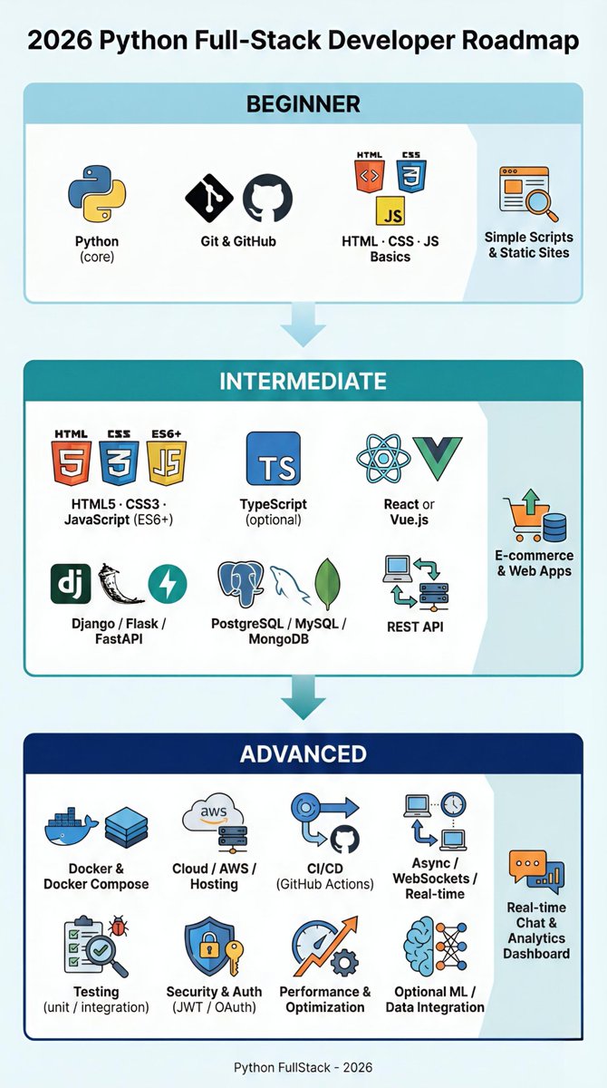 chase2k25's tweet image. From 💻 Python basics → full-stack web dev in 2026:

• Learn Python + Git → master the basics
• Add JS + React/Vue + Django/Flask/FastAPI + DB → build CRUD &amp;amp; API-powered apps
• Then Docker + cloud + CI/CD + real-world deployments → build real products
Build. Ship. Iterate.…