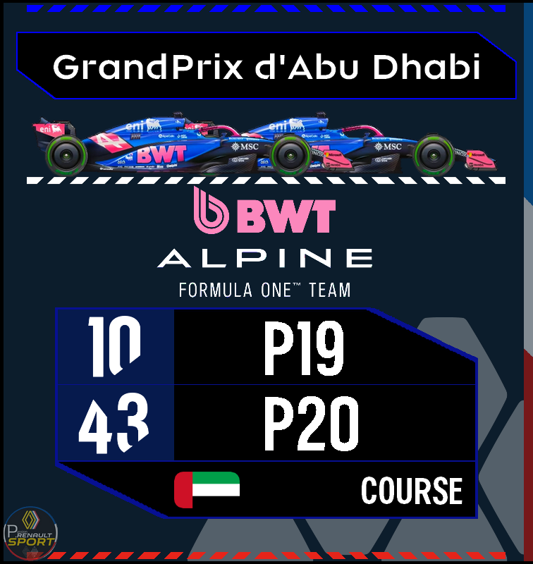 🇦🇪 GrandPrix d'Abu Dhabi
05 au 07 Décembre 2025

🟦ALPINE F1🟦

#AbuDhabiGP | #Alpine | #Renault | #F1
<a href="/AlpineF1Team/">BWT Alpine Formula One Team</a> | <a href="/AlpineRacing/">Alpine Racing</a>